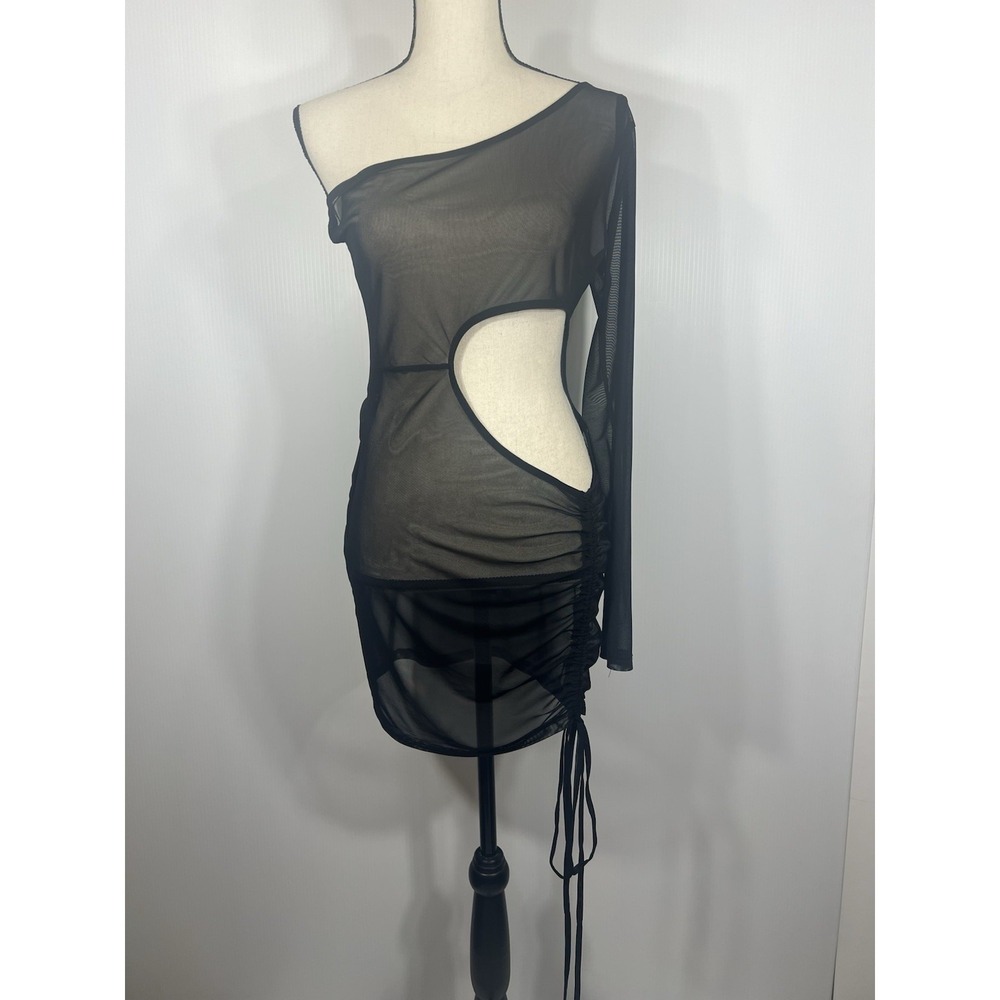 12 TRIBE Tessa Mesh Mini Dress Size L Black Sheer Cut Out One‎ Shoulder Festival